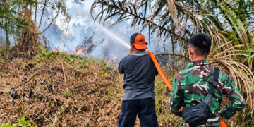 SATGAS KARHUTLA KODIM 1011/KLK BERSAMA RELAWAN BERJIBAKU PADAMKAN API DI DESA GANDANG BARAT
