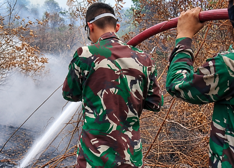 TIM KARHUTLA KODAM XXII/TB BERJIBAKU PADAMKAN API DAN LAKUKAN PENDINGINAN DI KELURAHAN BUKIT TUNGGAL