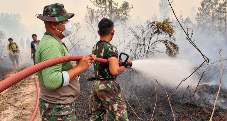 TIM KARHUTLA KODAM XXII/TB BERSAMA WARGA BAHU MEMBAHU PADAMKAN API DI KELURAHAN BUKIT BATU