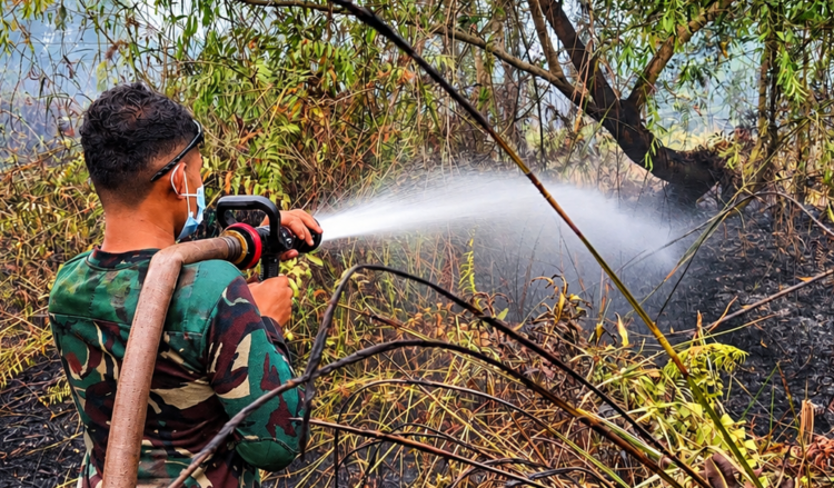TIM KARHUTLA KODAM XXII/TB PADAMKAN API DI KELURAHAN KALAMPANGAN, KOTA PALANGKA RAYA