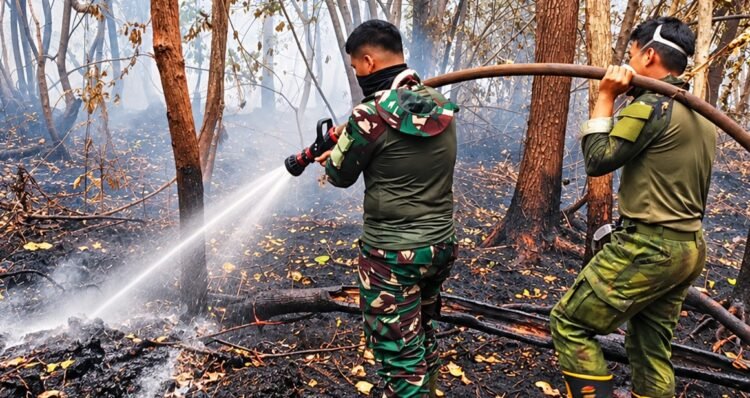 TIM SATGAS KARHUTLA KODIM 1011/KLK BESERTA RELAWAN LAKUKAN PEMADAMAN DAN PENDINGINAN DI DESA TJ. TARUNA