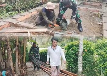 Pondasi Rumah Warga Ujung Nga Dikerjakan Bersama, Serka Maimun Turut Menuang Semen